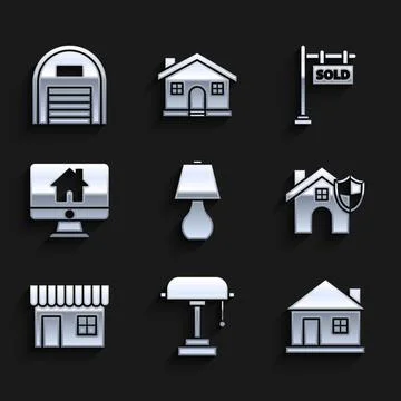 Set Table lamp, House, with shield, Shopping building or market store, Computer Stock Illustration
