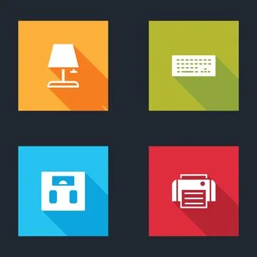 Set Table lamp, Keyboard, Bathroom scales and Printer icon. Vector Illustrazione stock