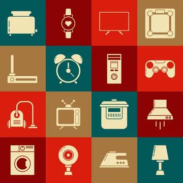 Set Table lamp, Kitchen extractor fan, Gamepad, Smart Tv, Alarm clock, Router Stock Illustration