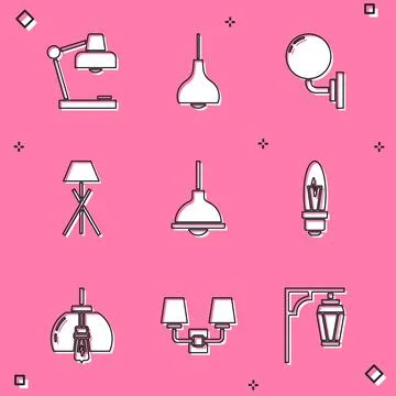 Set Table lamp, Lamp hanging, Wall or sconce, Floor, Light bulb, Chandelier and Stock Illustration