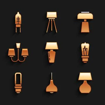 Set Table lamp, Lamp hanging, Light bulb, LED light, Chandelier, and emitting Stock Illustration