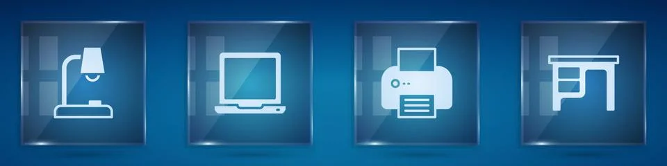 Set Table lamp, Laptop, Printer and Office desk. Square glass panels. Vector 库存插图