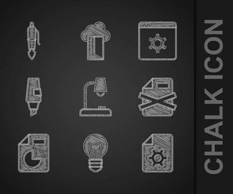 Set Table lamp, Light bulb, Document settings, Delete file document, with graph Stock Illustration