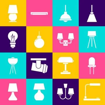Set Table lamp, Light emitting diode, Floor, Lamp hanging, bulb,  and Wall .. Stock Illustration