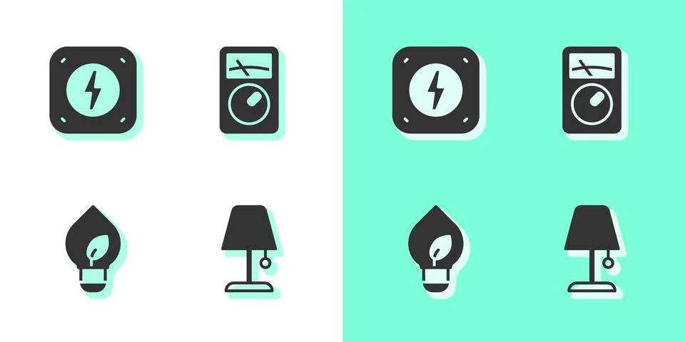 Set Table lamp, Lightning bolt, bulb with leaf and Ampere meter, multimeter i Stock Illustration