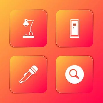 Set Table lamp, Locker or changing room, Microphone and Magnifying glass icon Stock Illustration