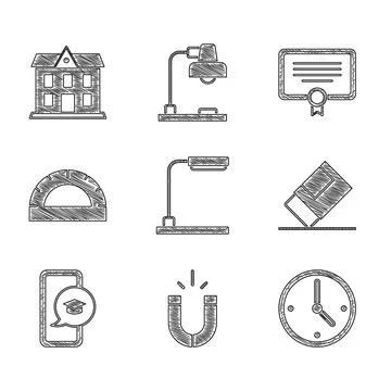 Set Table lamp, Magnet, Clock, Eraser or rubber, Graduation cap on mobile Ilustración de archivo