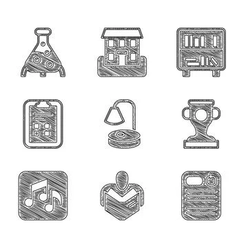 Set Table lamp, Man reading book, Dossier folder, Award cup, Music note, tone Stock Illustration