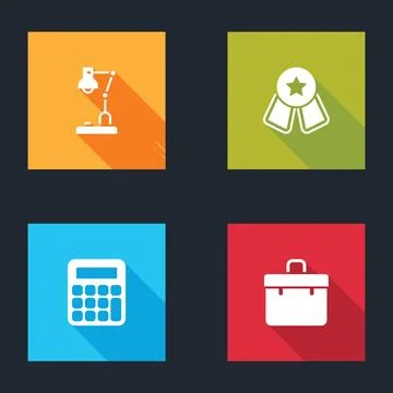 Set Table lamp, Medal with star, Calculator and Briefcase icon. Vector 스톡 일러스트