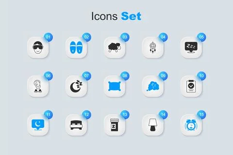 Set Table lamp, Moon and stars, Slippers, Alarm clock, Medical prescription.. Ilustração Stock
