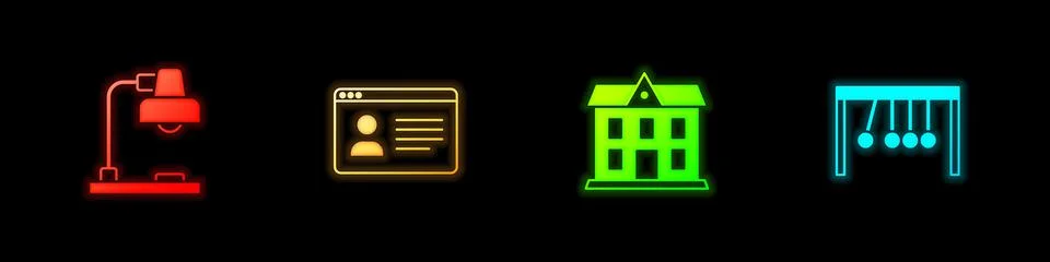 Set Table lamp, Online class, School building and Pendulum icon. Vector Ilustración de archivo