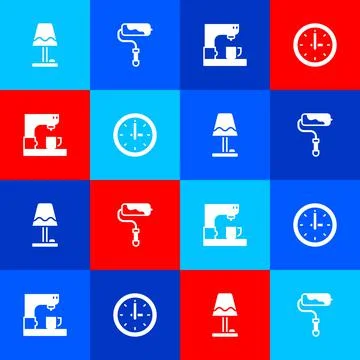 Set Table lamp, Paint roller brush, Coffee machine and Clock icon. Vector Stock Illustration