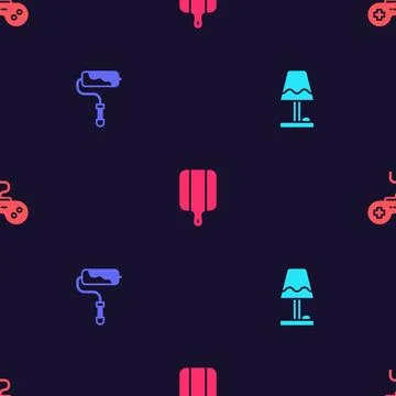 Set Table lamp, Paint roller brush, Cutting board and Gamepad on seamless p.. Stock Illustration