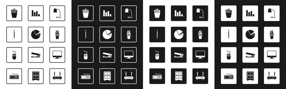 Set Table lamp, Pie chart infographic, Pencil with eraser, Full trash can, .. Stock Illustration