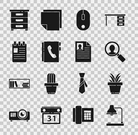 Set Table lamp, Plant in pot, Magnifying glass for search people, Computer mouse Stock Illustration