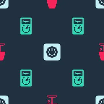 Set Table lamp, Power button and Ampere meter, multimeter on seamless pattern Illustrazione stock