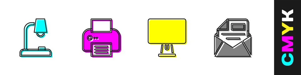 Set Table lamp, Printer, Computer monitor and Mail and e-mail icon. Vector Stock Illustration