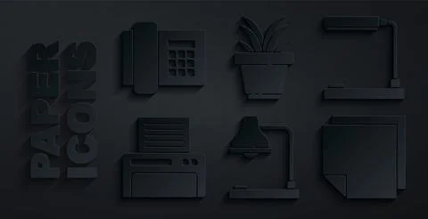Set Table lamp, Printer, Post note stickers, Plant pot and Telephone icon Stock Illustration