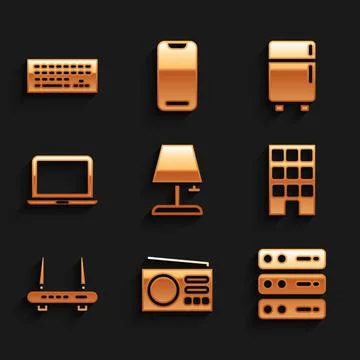 Set Table lamp, Radio, Server, Data, Web Hosting, House, Router and wi-fi signal Illustrazione stock