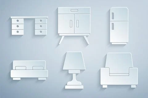 Set Table lamp, Refrigerator, Big bed, Armchair, Chest of drawers and Offic.. Stock Illustration
