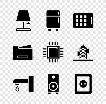 Set Table lamp, Refrigerator, Graphic tablet, Water tap, Stereo speaker, El.. Stock Illustration