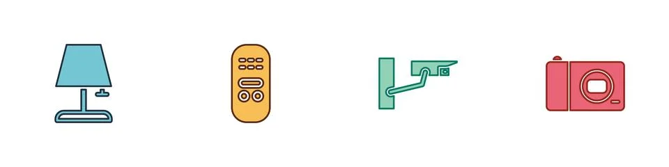 Set Table lamp, Remote control, Security camera and Photo icon. Vector Stock Illustration