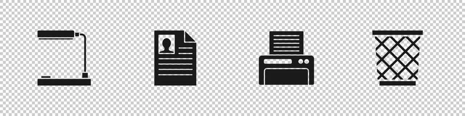 Set Table lamp, Resume, Printer and Trash can icon. Vector Stock Illustration