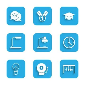 Set Table lamp, Ringing alarm bell, Pendulum, Clock, Light bulb with idea Stock Illustration