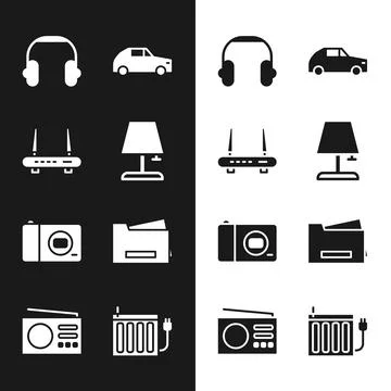 Set Table lamp, Router and wi-fi signal, Headphones, Car, Photo camera, Printer Stock Illustration