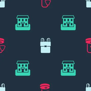 Set Table lamp, School backpack and building on seamless pattern. Vector Ilustración de archivo