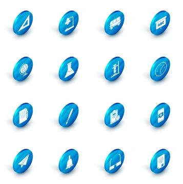 Set Table lamp, School Bus, Chalkboard, Earth globe, Exam sheet and pencil with Illustrazione stock