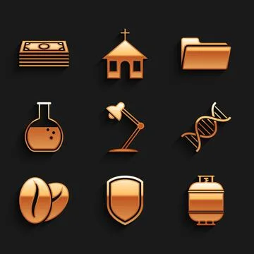 Set Table lamp, Shield, Propane gas tank, DNA symbol, Coffee beans and Test tube Ilustración de archivo