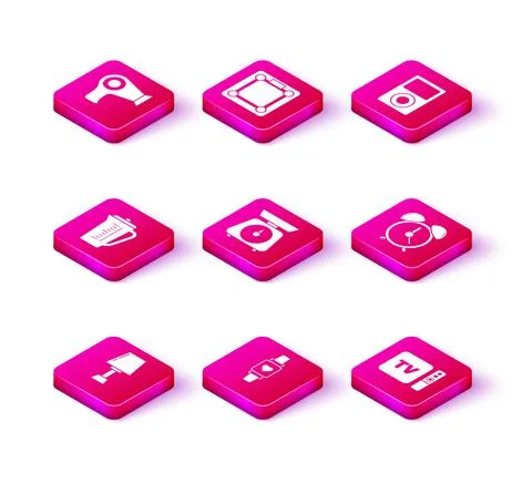 Set Table lamp, Smart watch showing heart beat rate, Measuring cup, Scales, TV Stock Illustration