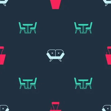Set Table lamp, Sofa and with chair on seamless pattern. Vector Illustrazione stock