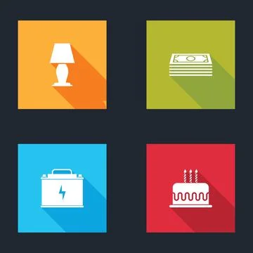 Set Table lamp, Stacks paper money cash, Car battery and Cake with burning 스톡 일러스트