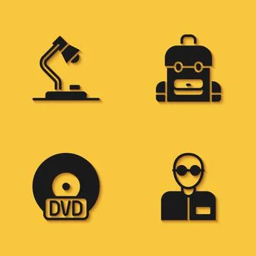 Set Table lamp, Teacher, CD or DVD disk and School backpack icon with long Stock Illustration