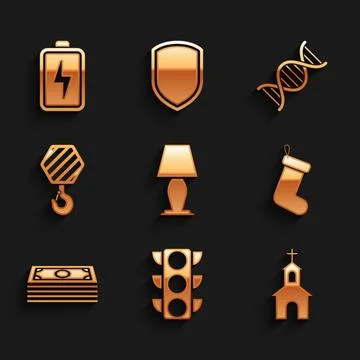 Set Table lamp, Traffic light, Church building, Christmas sock, Stacks pape.. Ilustración de archivo