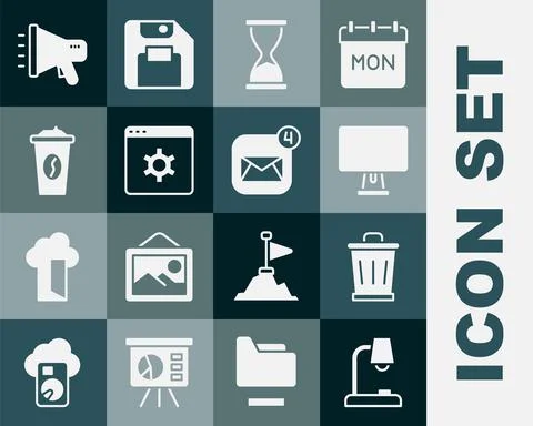 Set Table lamp, Trash can, Computer monitor, Old hourglass, Browser setting Stock Illustration