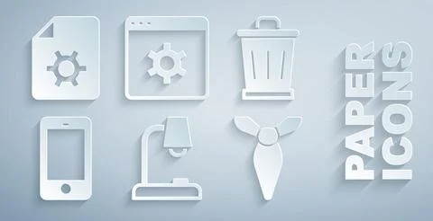 Set Table lamp, Trash can, Mobile phone, Tie, Browser setting and Document Stock Illustration