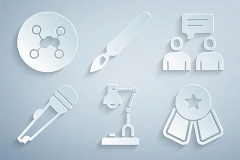 Set Table lamp, Two sitting men talking, Microphone, Medal with star, Paint Illustrazione stock