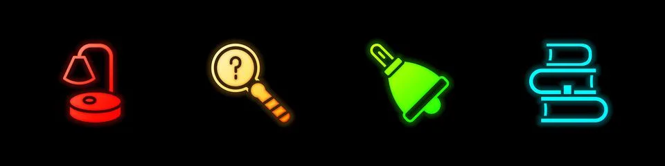 Set Table lamp, Unknown search, Ringing bell and Book icon. Vector Stock Illustration