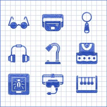 Set Table lamp, Virtual reality glasses, Pendulum, Waistcoat, Insects in frame Illustrazione stock