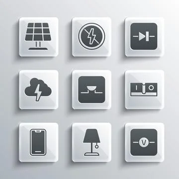 Set Table lamp, Voltmeter, Electric light switch, Buzzer in electronic circuit Stock Illustration