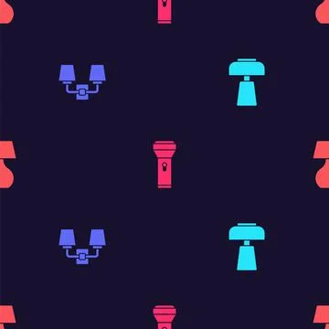 Set Table lamp, Wall or sconce, Flashlight and on seamless pattern. Vector 스톡 일러스트