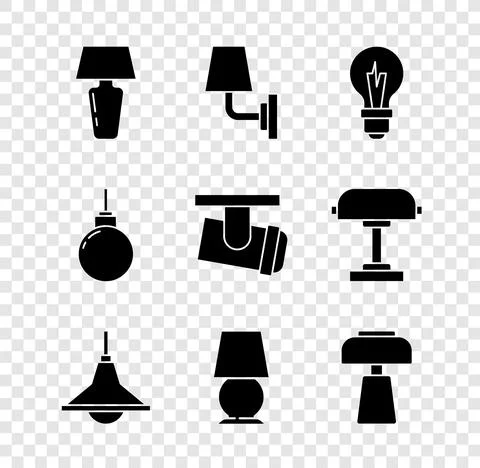 Set Table lamp, Wall or sconce, Light bulb, Chandelier, Lamp hanging and Led Stock Illustration
