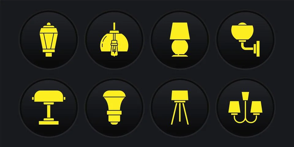 Set Table lamp, Wall or sconce, LED light bulb, Floor, Chandelier, and Garden Stock Illustration