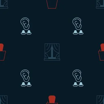 Set Table lamp, Window with curtains and Earplugs and ear on seamless pattern Stock Illustration