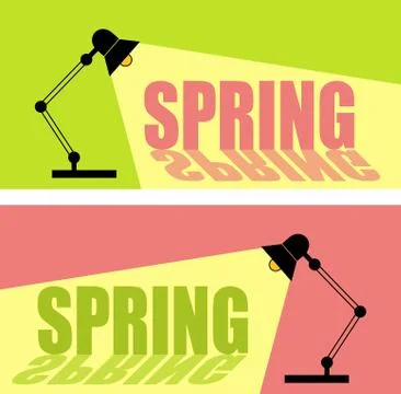 Set of table office desktop lamp with light bulb shine and text Spring Illustrazione stock