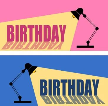 Set of table office desktop lamp with light bulb shine and text Birthday Stock Illustration