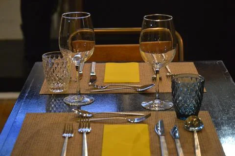 Set table in a restaurant with full service Stock Photos